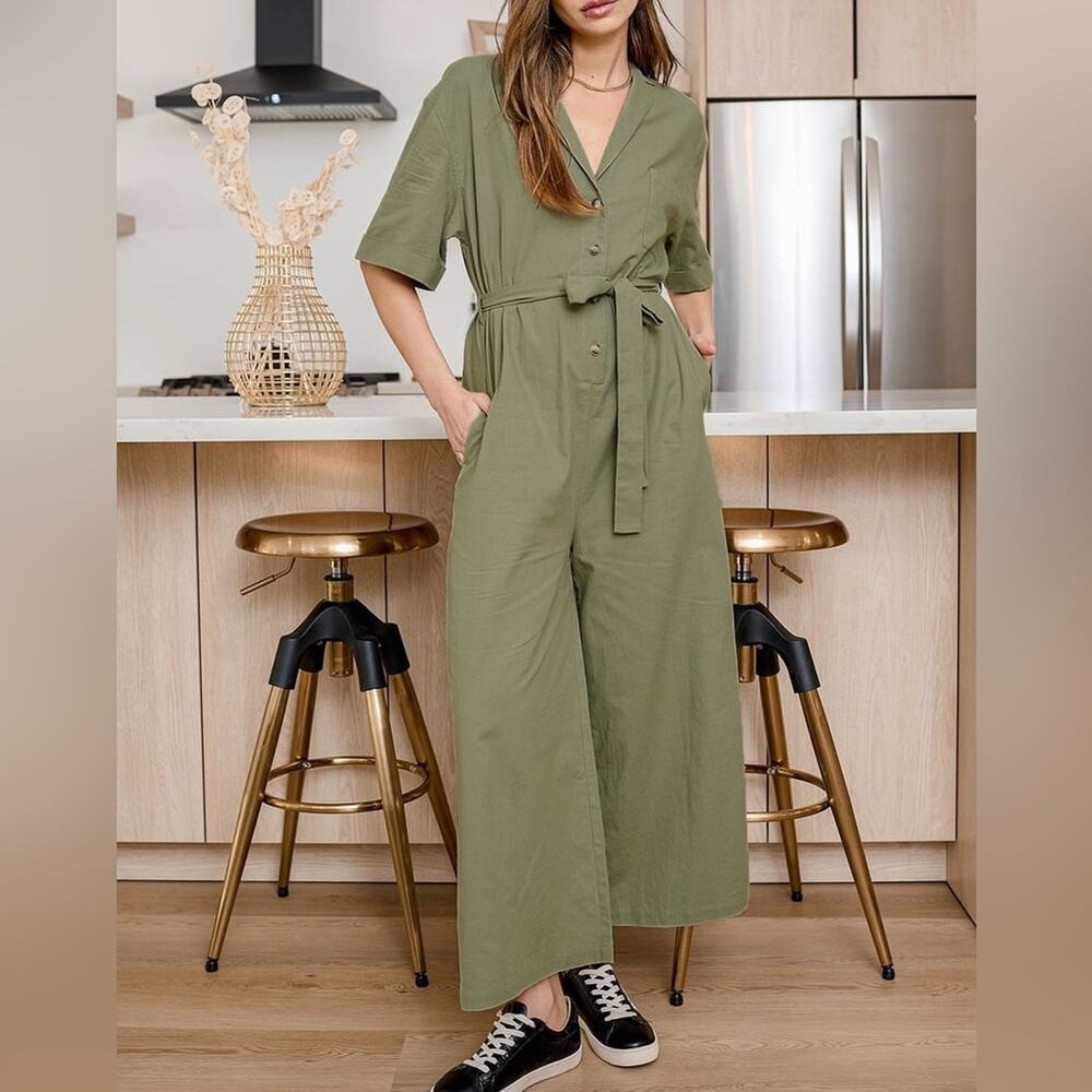 Lulus Your Lucky Day Olive Green Short Sleeve Culotte Jumpsuit Size Medium